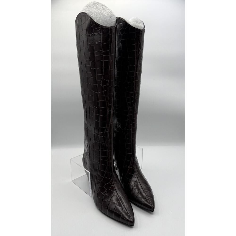 Schutz Women’s Maryana Croc Embossed Leather Knee Boots Dark Chocolate, Size 7 - Picture 2 of 14